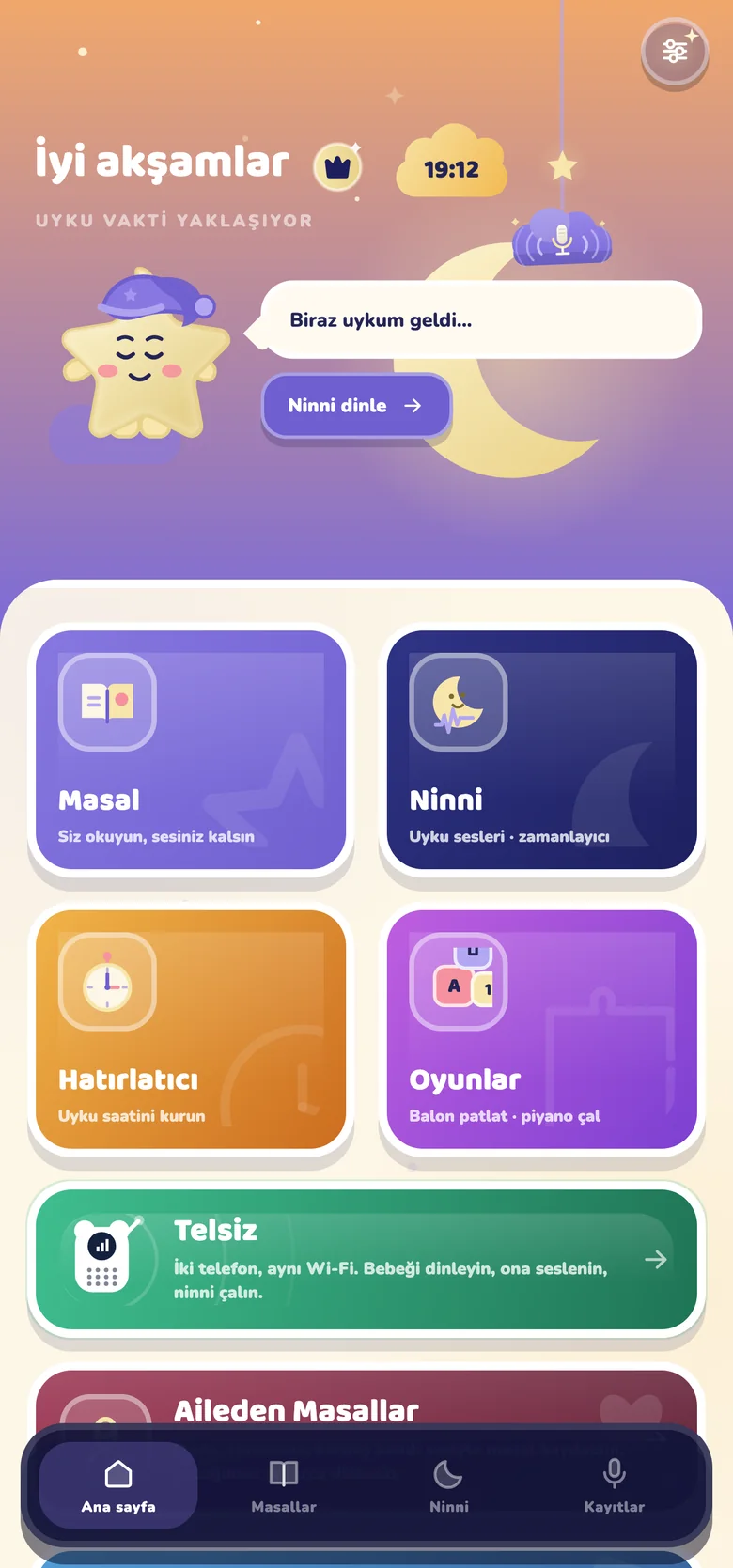 Sesimden home screen: stories, lullabies, reminder, games and baby monitor